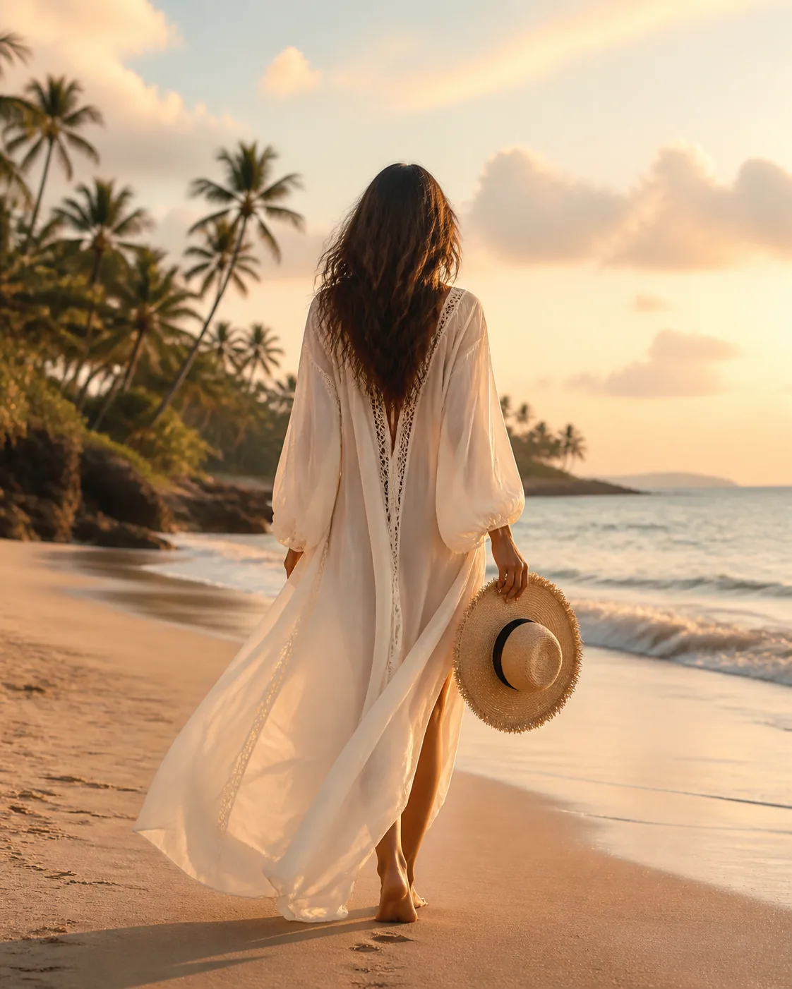 Mujer con salida de baño marfil caminando junto al mar al atardecer